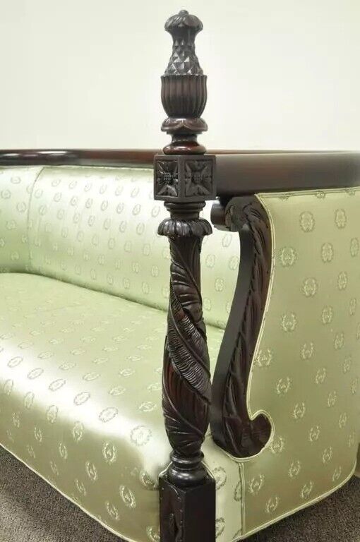 Antique 19th C American Empire Curved Rail Carved Mahogany Pineapple Finial Sofa