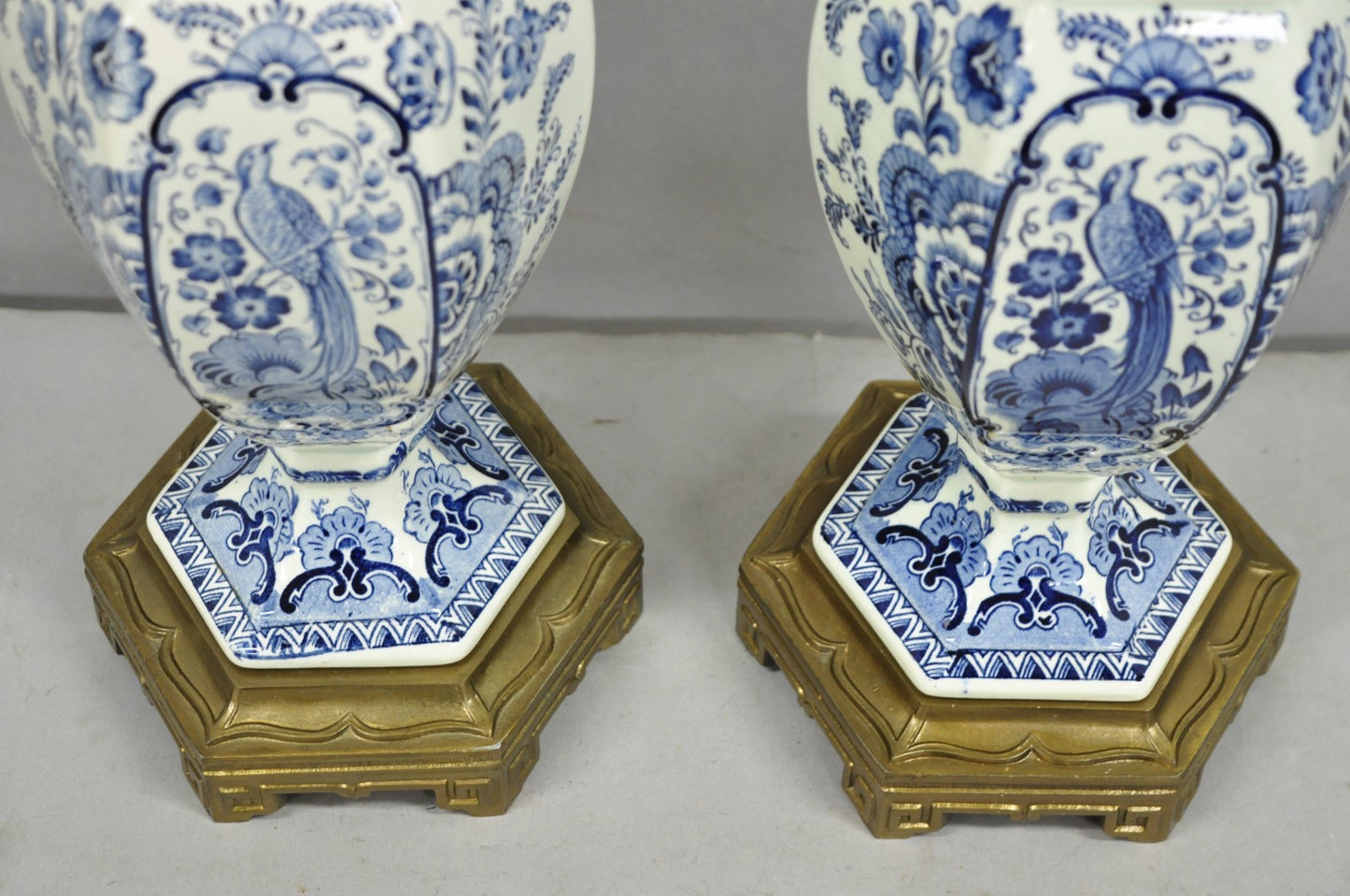 Vintage Chinoiserie Blue & White Porcelain Urn Bird Painted Table Lamps - a Pair