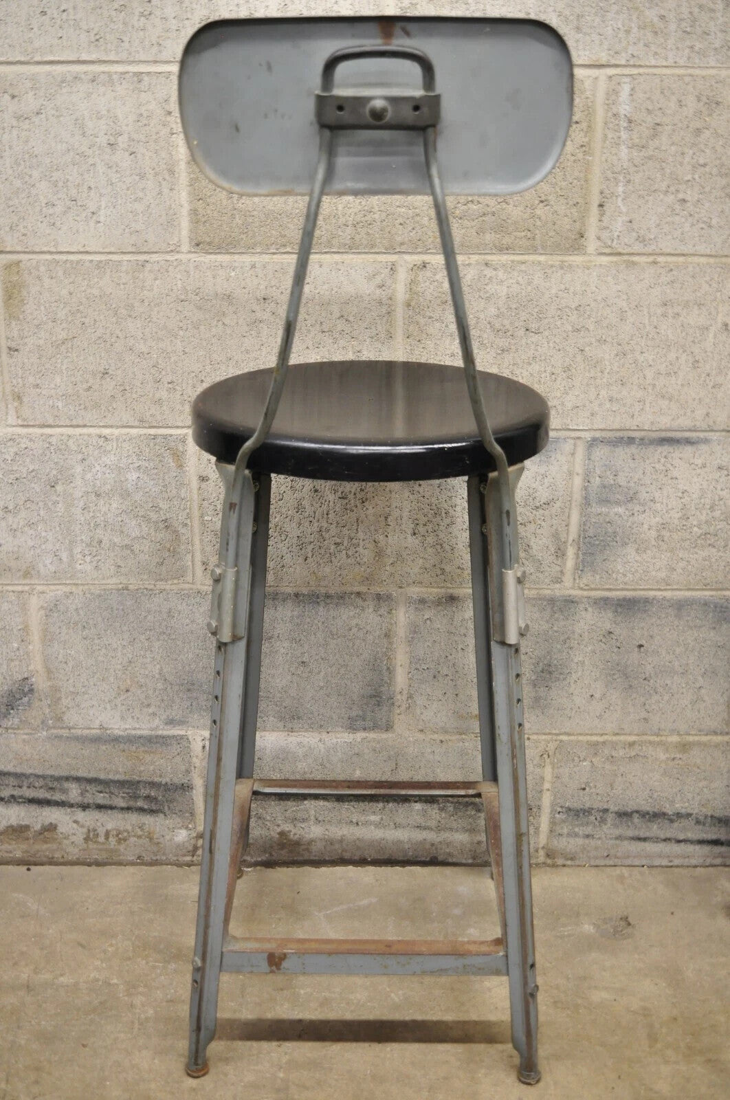 Vintage American Industrial Gray Metal Drafting Stool Artist Work Chair