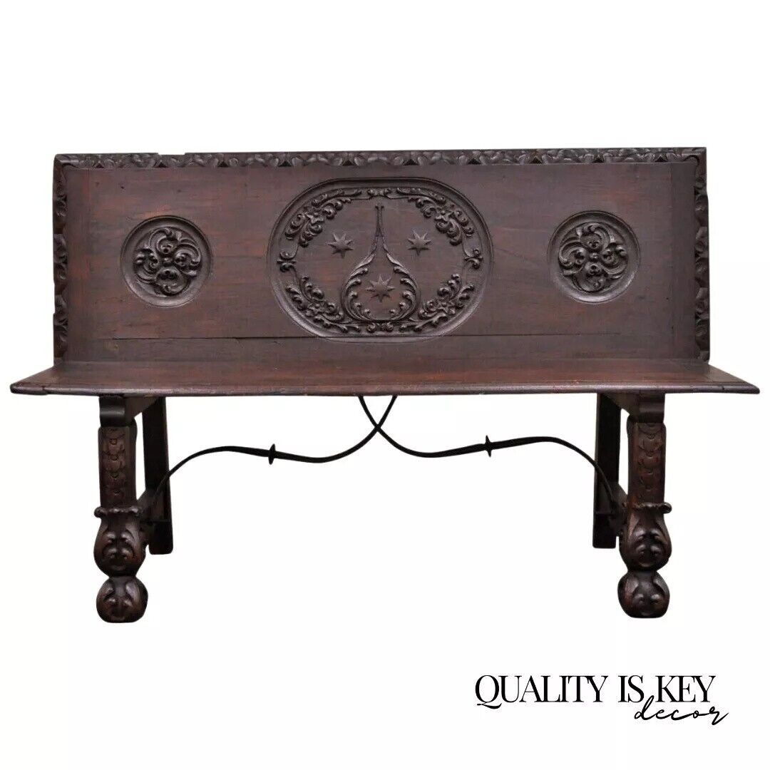 Antique 17th C. English Renaissance Carved Oak and Wrought Iron Bench Banquette