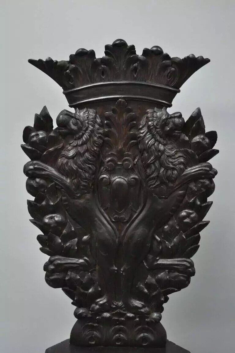 18th C. Italian Renaissance Lion Carved Walnut Sgabello Hall Chairs - a Pair