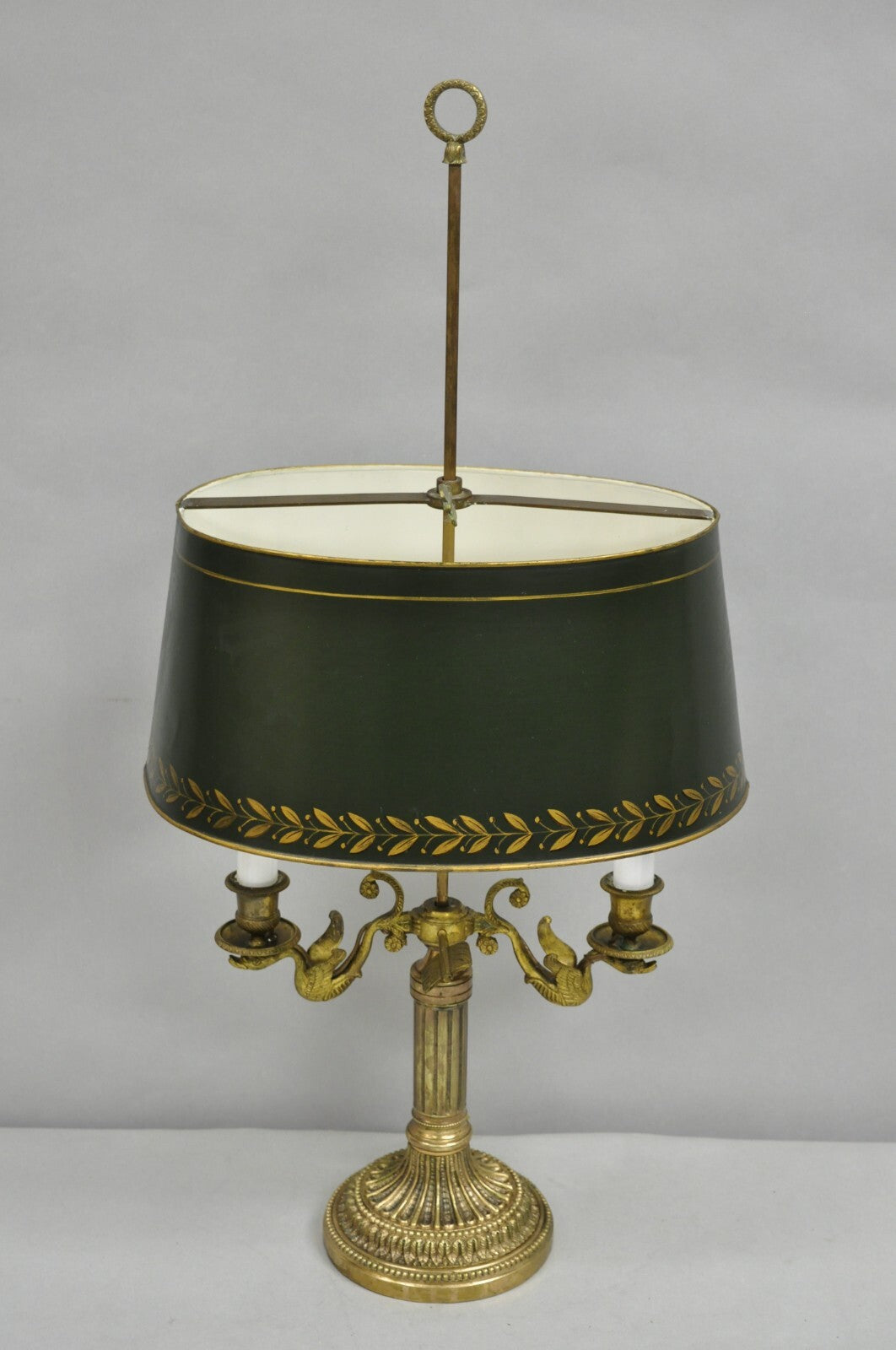 Antique French Empire Bronze Swans Green Tole Metal Shade Bouillotte Table Lamp