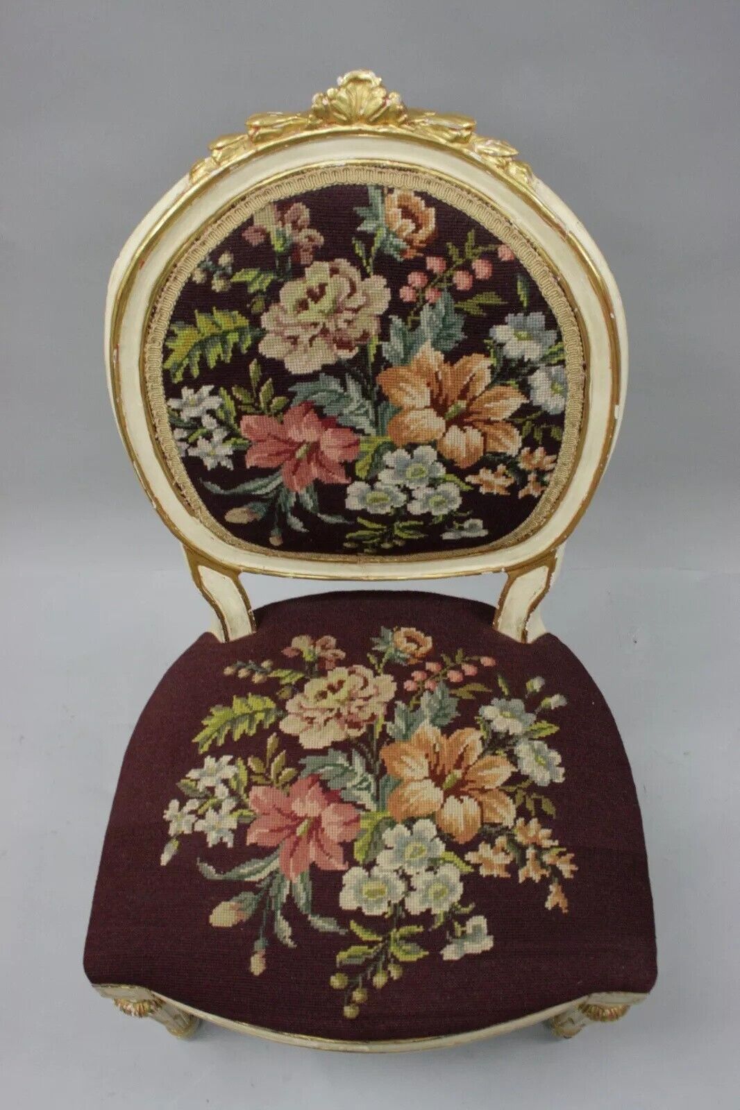 Antique French Louis XVI Style Carved Floral Needlepoint Accent Chair White Gold