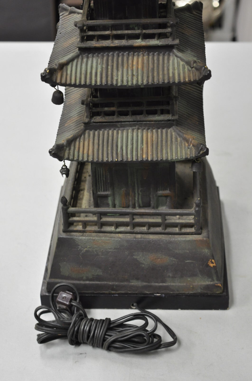 Vintage Chinoiserie Cast Iron Chinese Buddhist Pagoda Temple Table Lamp
