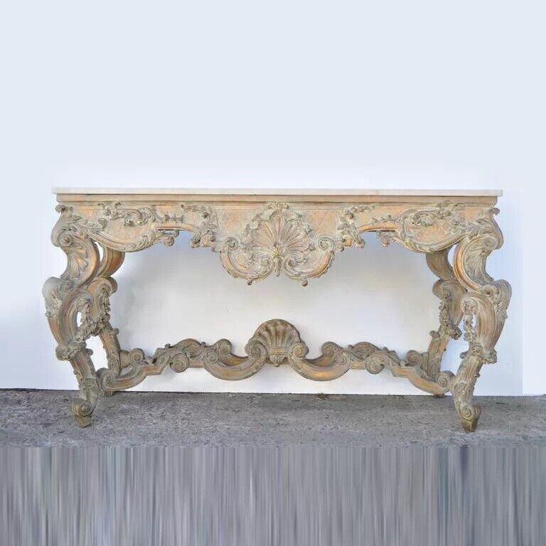 Antique French Louis XV Rococo Style Shell Carved 68" Marble Top Console Table