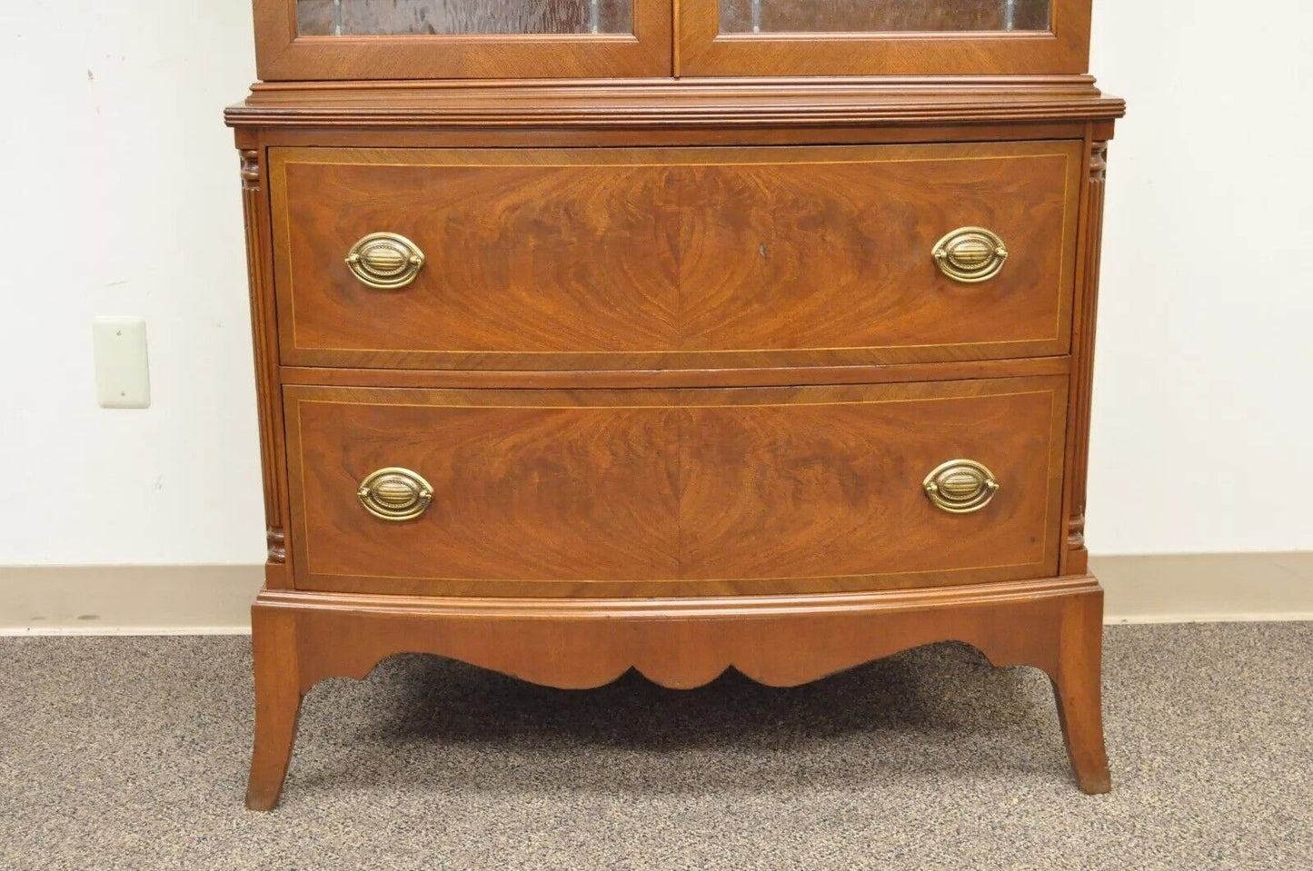 Antique Federal Style Mahogany China Display Cabinet with Stained Glass Doors