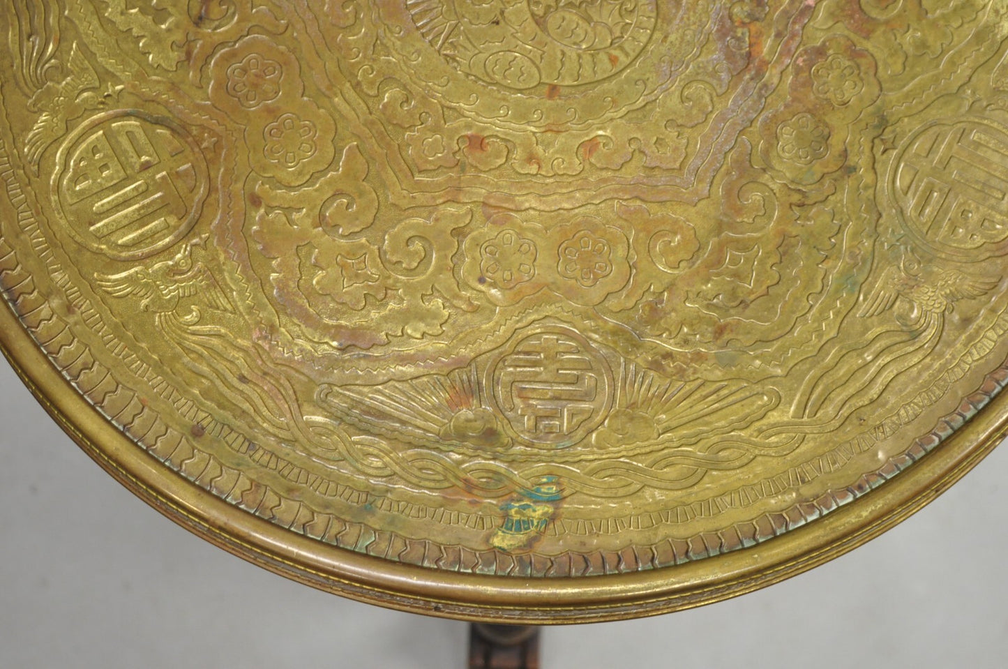 Antique Chinoiserie Oak Barley Twist Chinese Brass Dragon Side Table by Ferguson