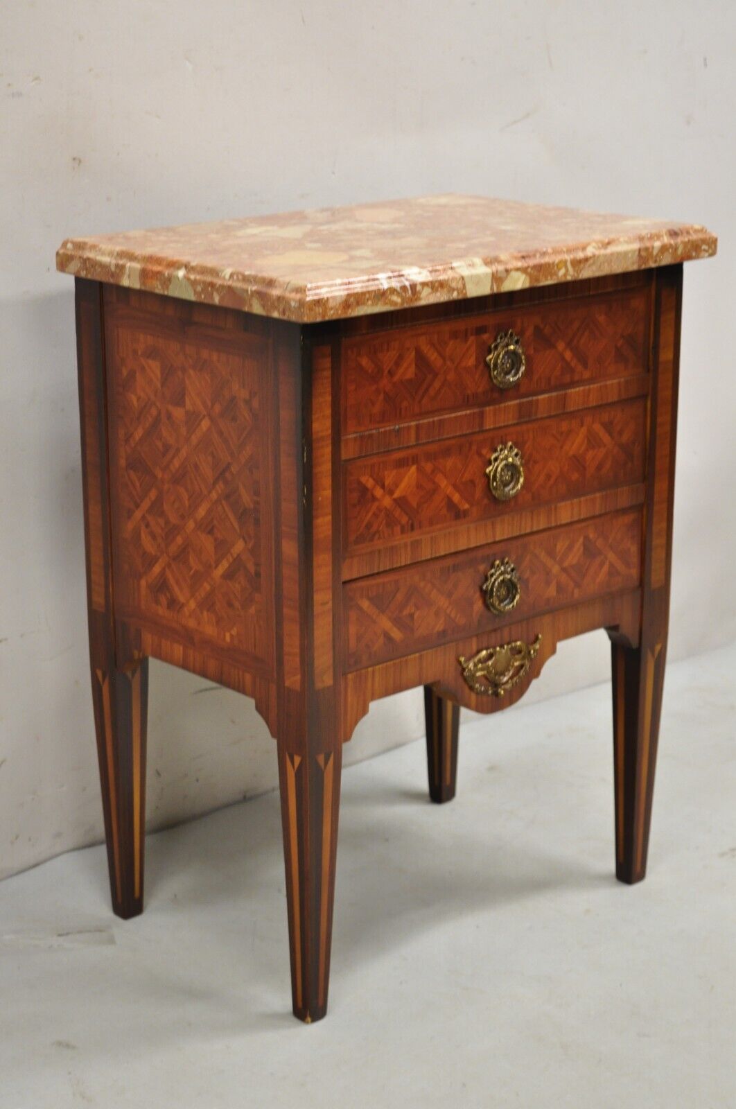 Vintage French Louis XVI Style Marquetry Inlay Marble Top Cherry Nightstand