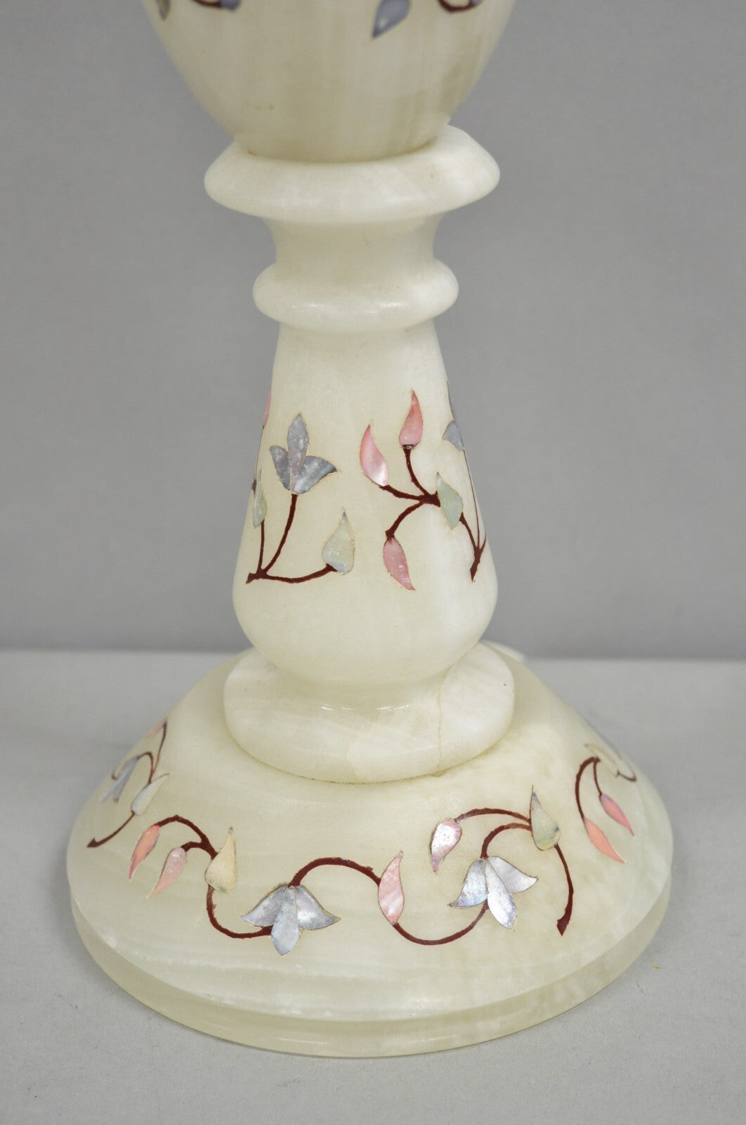 Vintage Italian Hollywood Regency Alabaster Table Lamp w/ Stone Floral Inlay