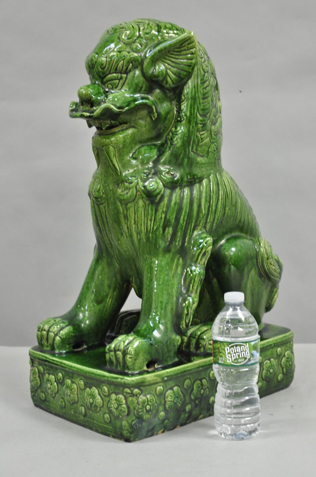 Vintage Chinoiserie Green Majolica Glazed Ceramic 24" Chinese Foo Dog Statue