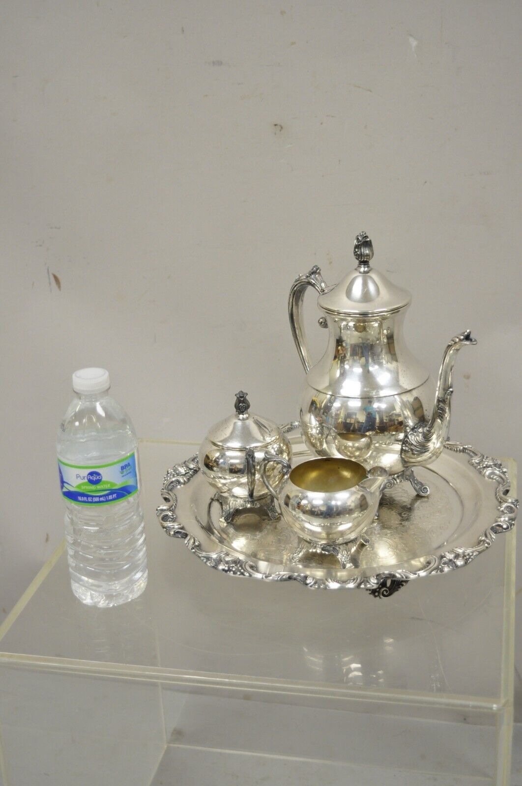 Vintage Silver Plate FB Rogers Tea Set Amston Round Serving Tray Platter