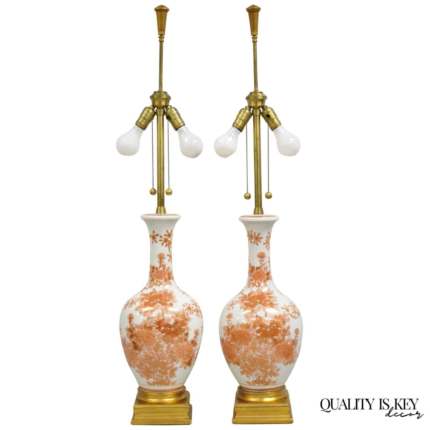 Vintage Marbro Chinoiserie Porcelain Vase Orange Floral Asian Table Lamp Pair