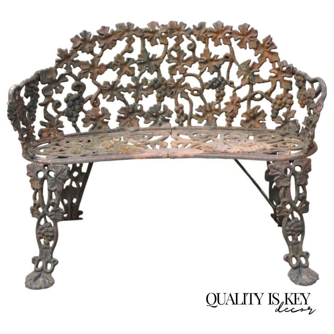 Antique French Victorian Grape Vine Leaf Cast Iron Small Garden Bench Loveseat