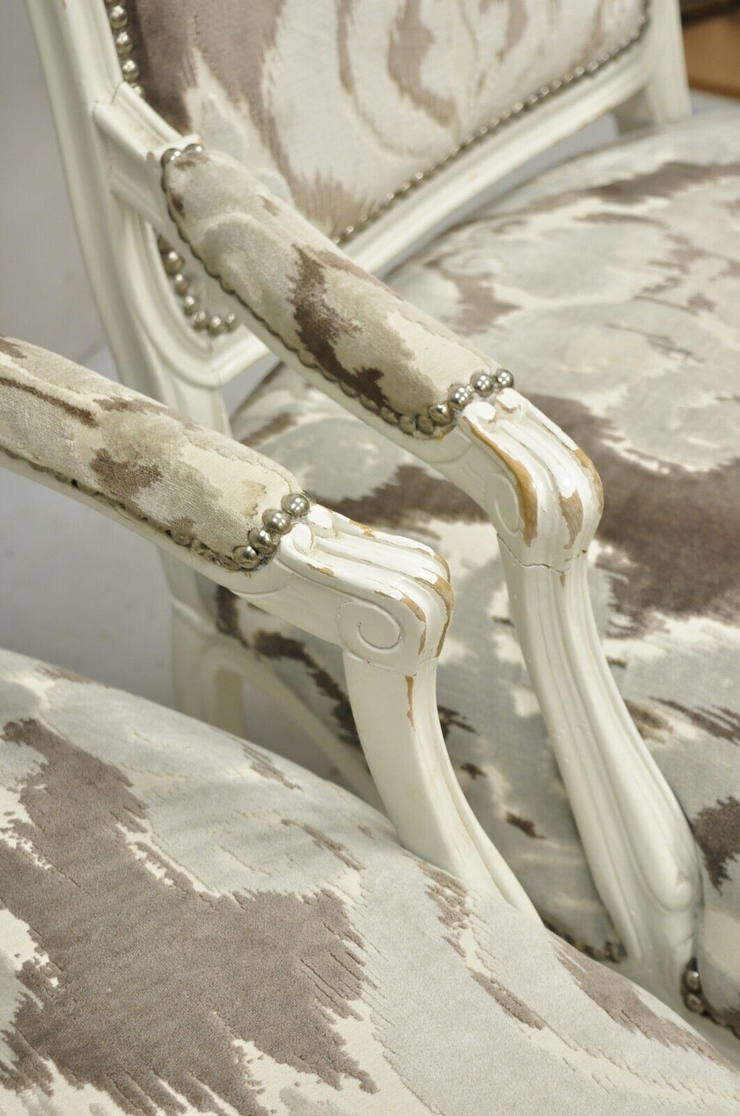 Vintage French Country Louis XV Style White Distress Painted Arm Chairs - a Pair
