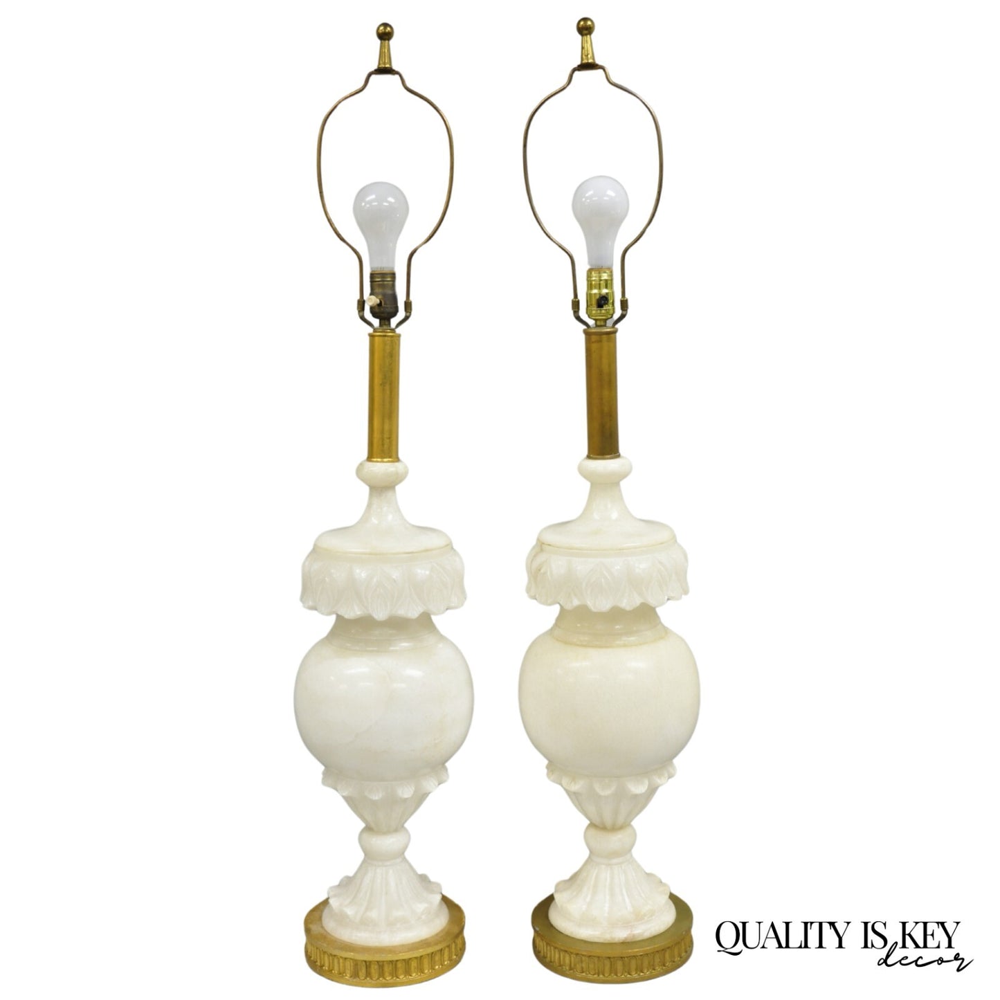 Neoclassical Large Carved Solid Alabaster Marble Leaf Bulbous Table Lamps Pair