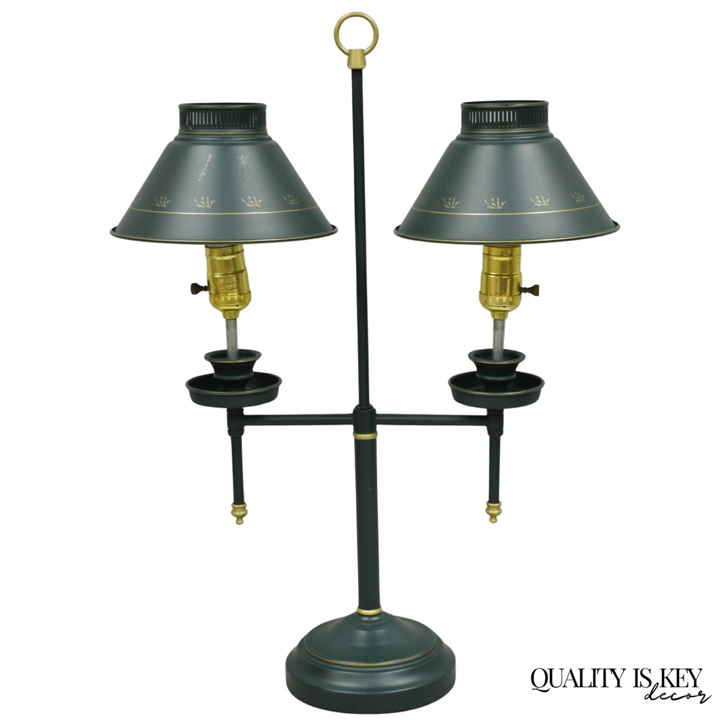 Vintage French Country Green Tole Metal Double Candlestick Table Lamp w/ Shades