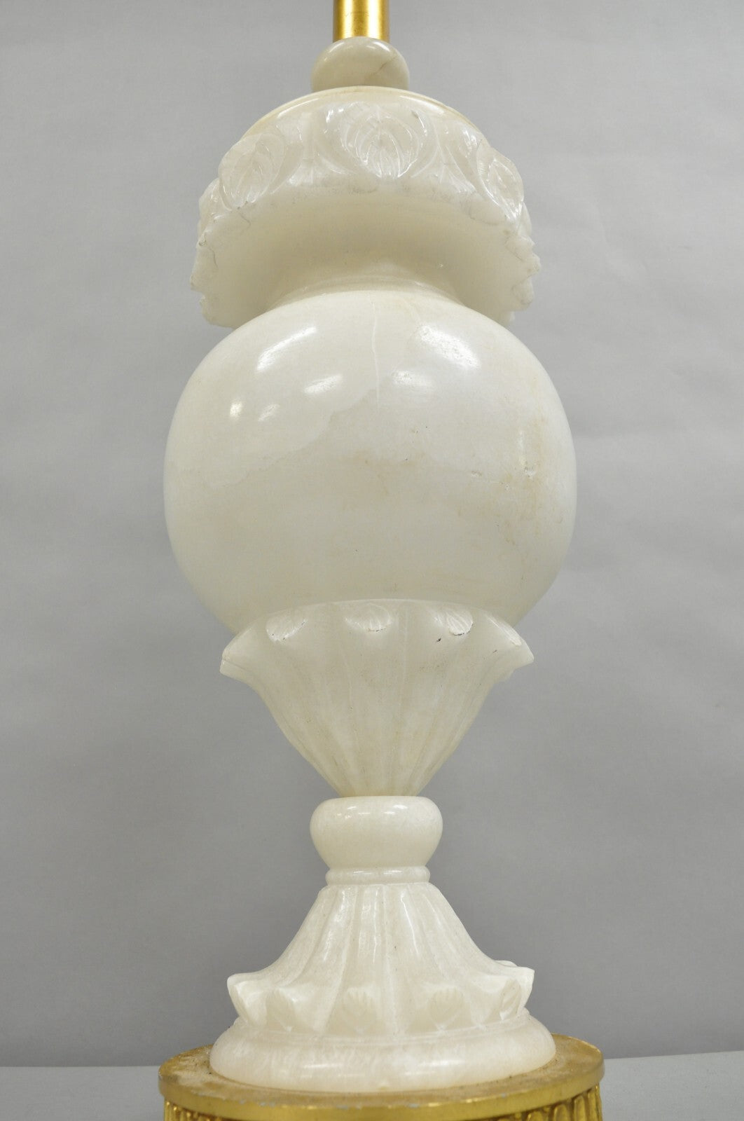 Antique Neoclassical Large Carved Solid Alabaster Marble Leaf Bulbous Table Lamp
