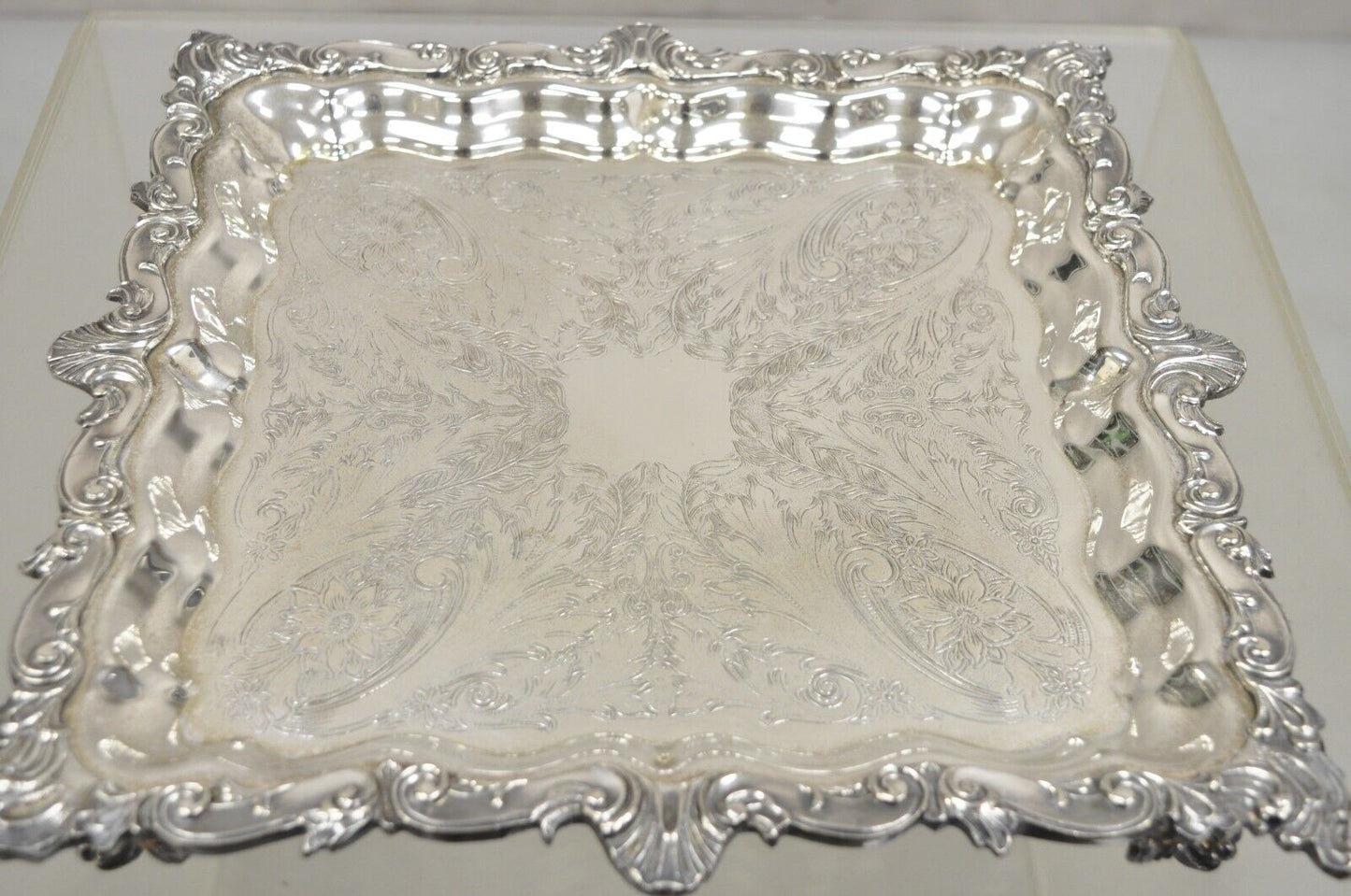 Vintage Birmingham Victorian Style Silver Plated Ornate Square Platter Tray