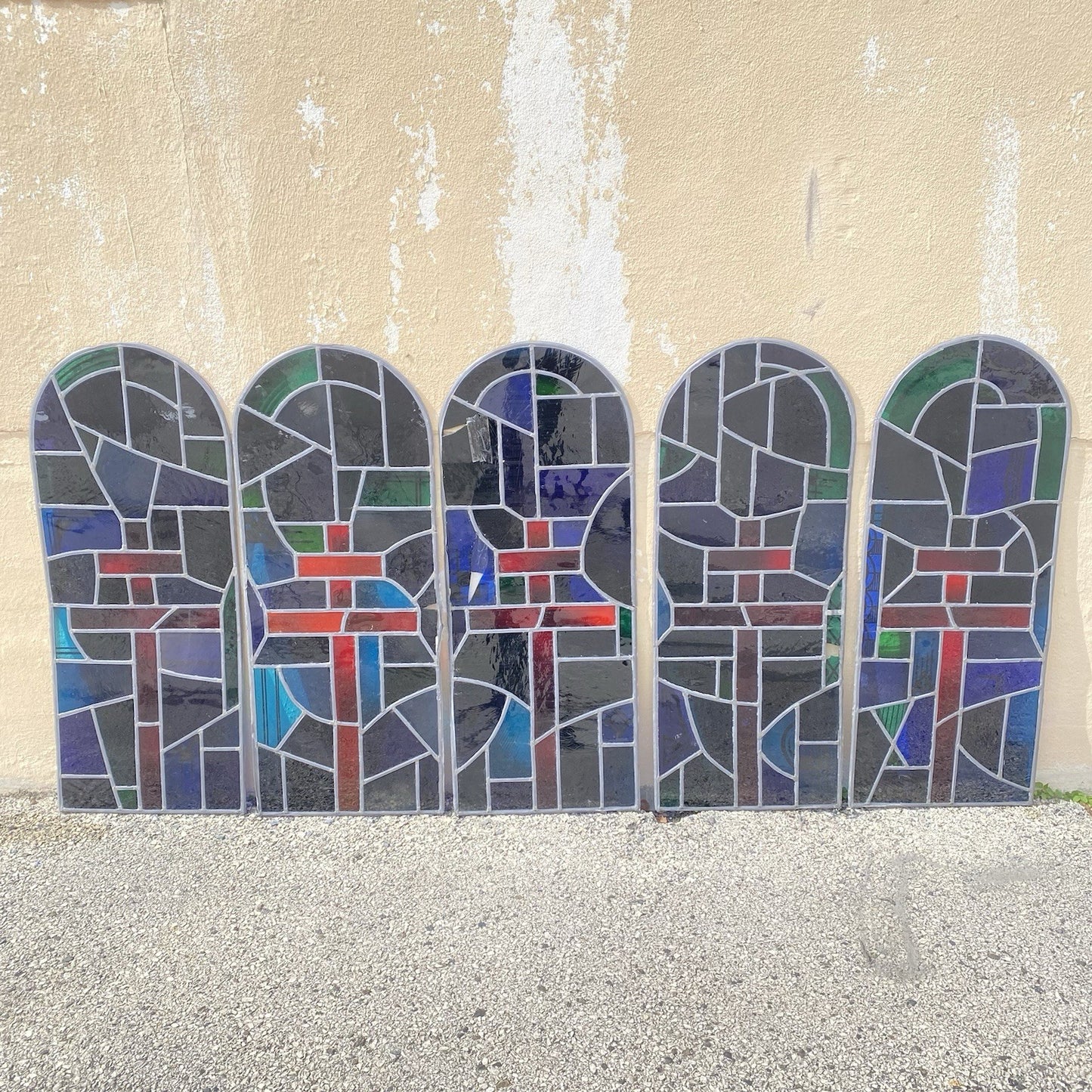 Vintage Art Deco Blue & Red Leaded Stained Glass Arched Window w/ Cross - 5 Pcs