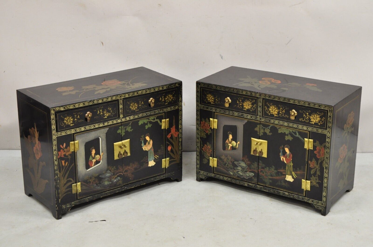 Vintage Chinese Oriental Small Asian Black Lacquer Painted Cabinets - a Pair