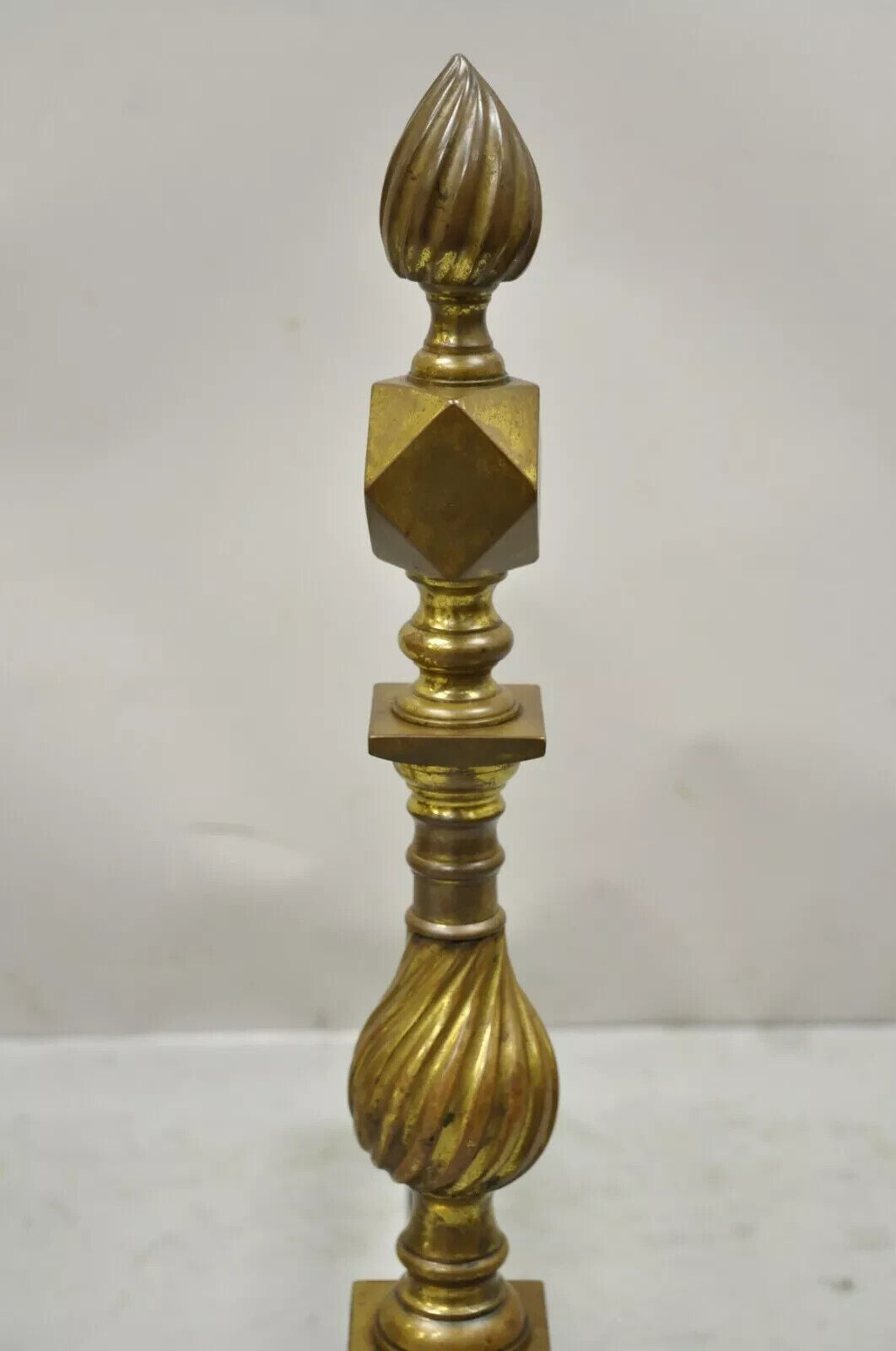 Antique Federal Brass Spiral Twist Finial Branch Leg Ball & Claw Andirons - Pair