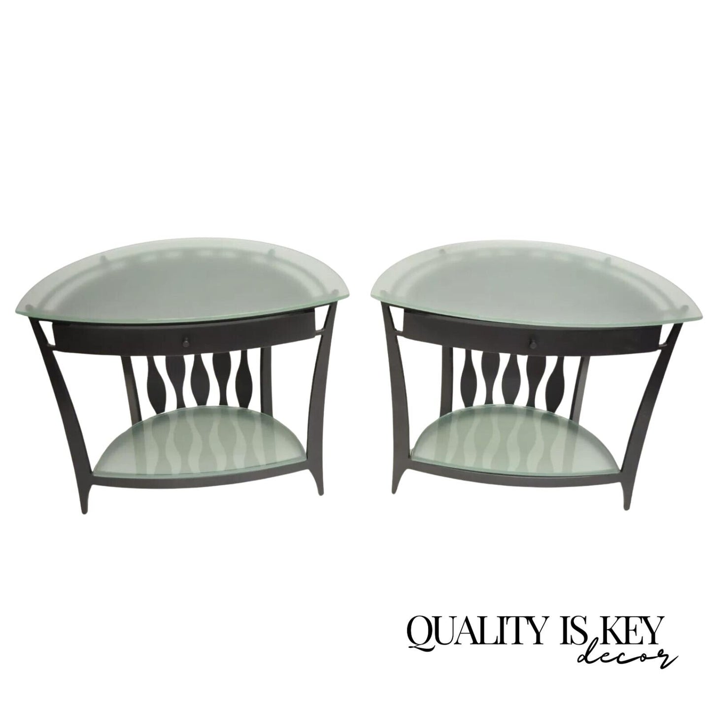 Modern Steel & Glass Demilune Side Table Console Entertainment TV Stand - a Pair