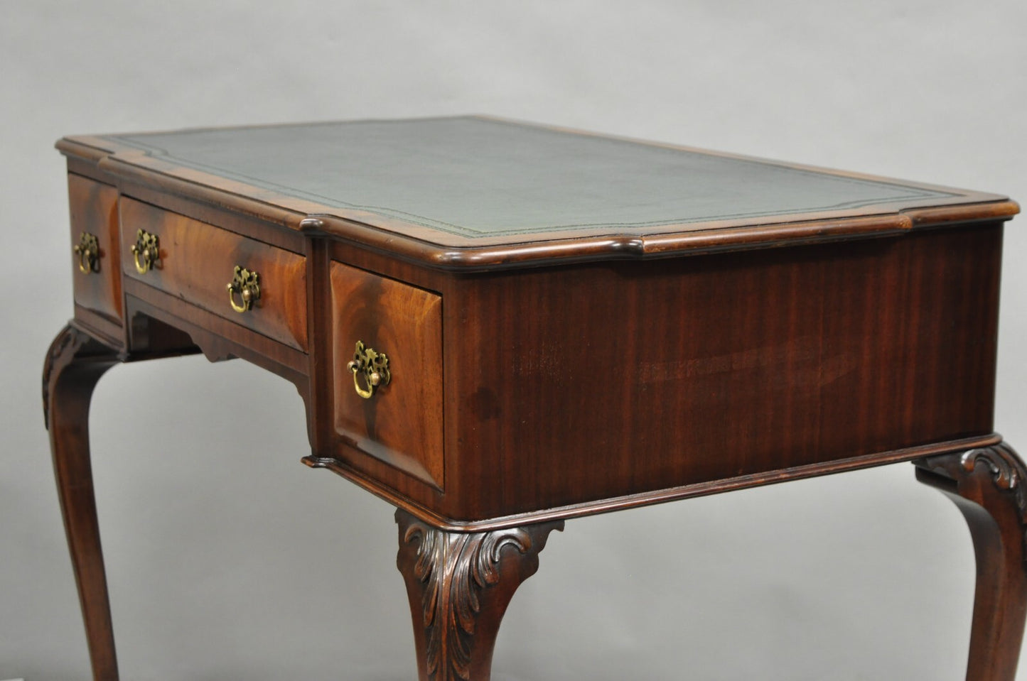 Antique English Georgian Crotch Mahogany Green Leather Top Small Writing Desk