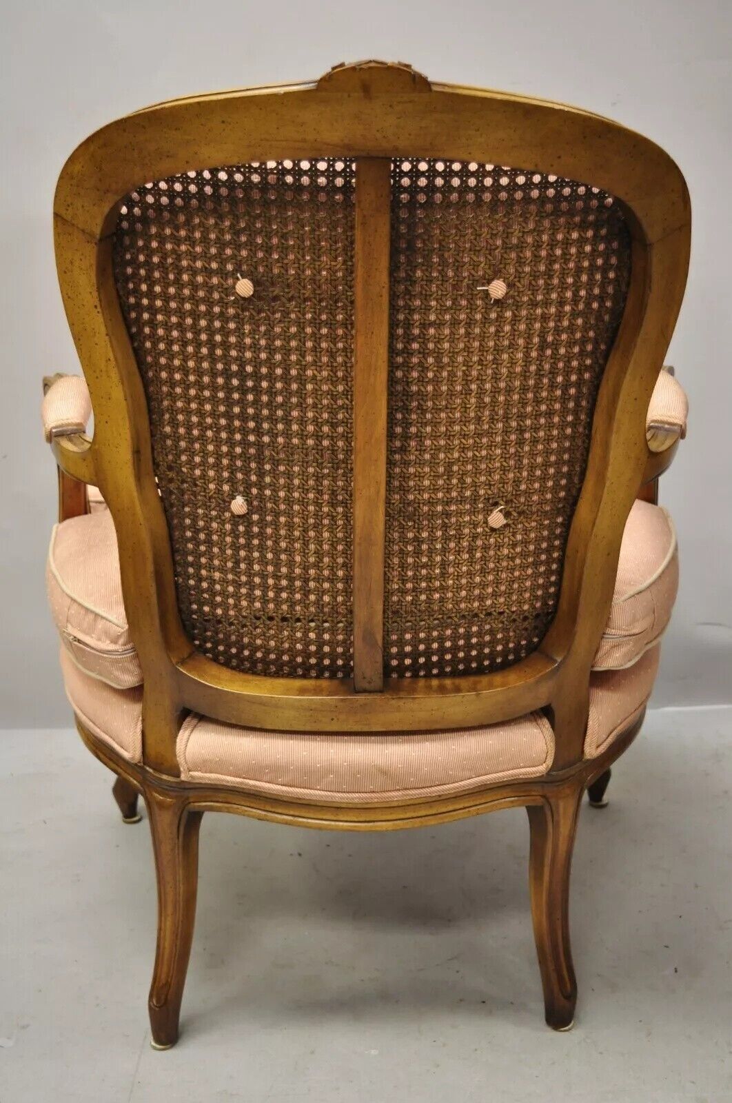 French Louis XV Provincial Style Carved Walnut Cane Back Arm Chairs - a Pair
