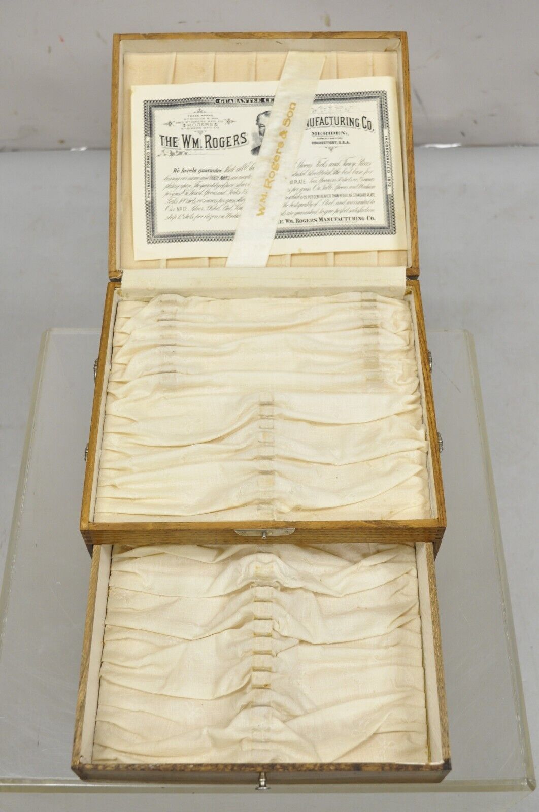 Antique WM Rogers Oak Small Flatware Silverware Storage Box with Drawer