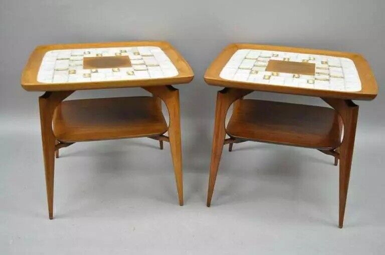 Vintage Mid Century Danish Modern Walnut Tile Top Sculptural End Tables - a Pair