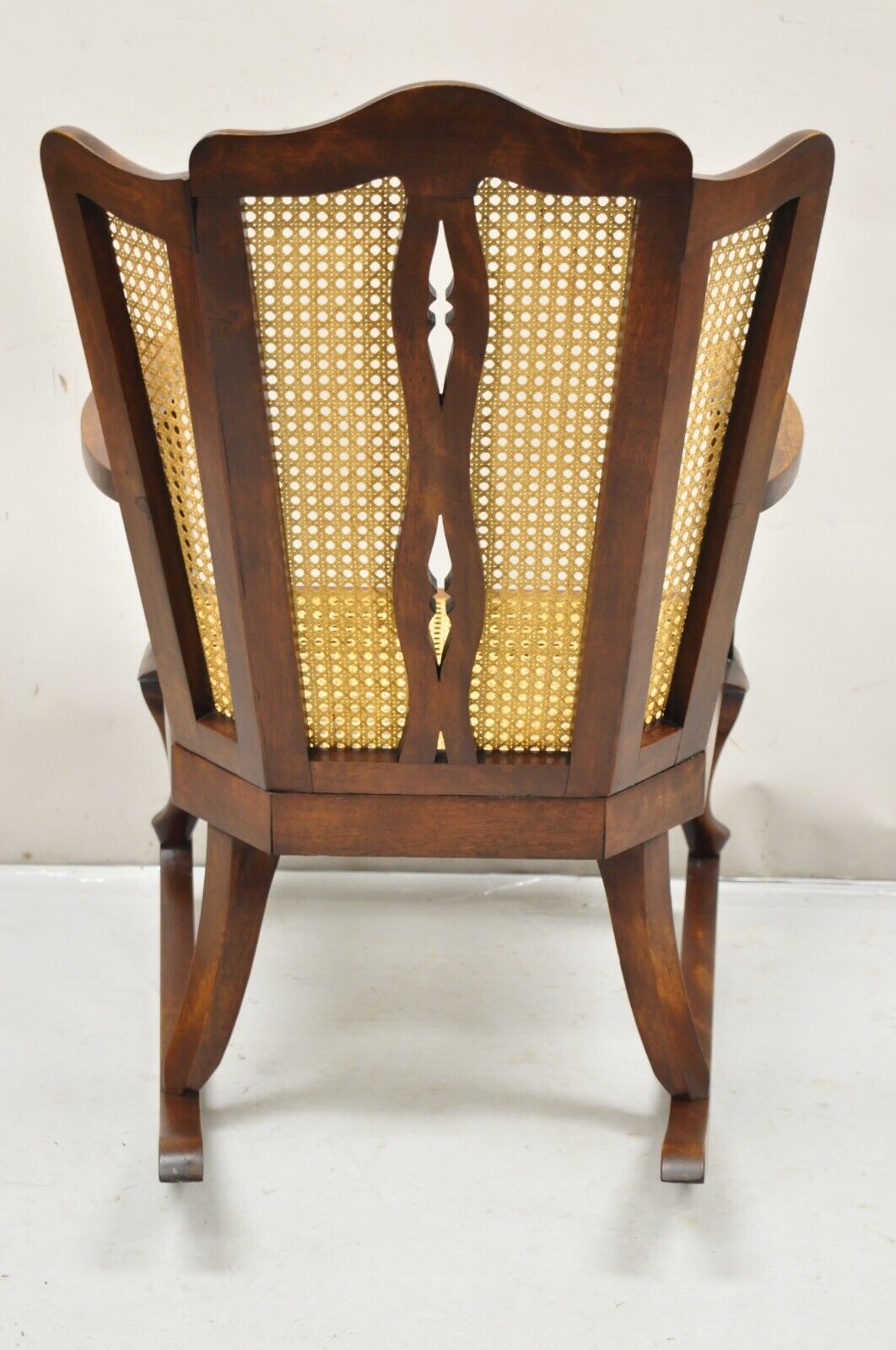 Antique Victorian Walnut and Cane Carved Rocker Rocking Chair Queen Anne Legs