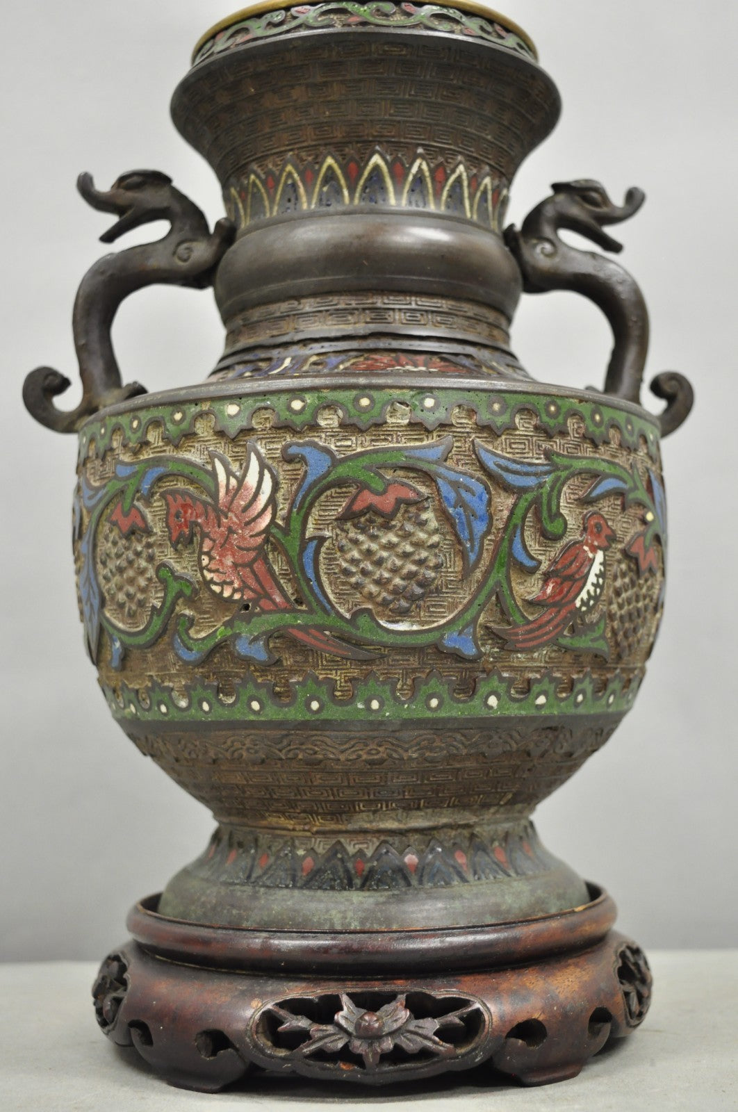 Antique Chinese Porcelain Enamel Bronze Oriental Cloisonne Champleve Table Lamp