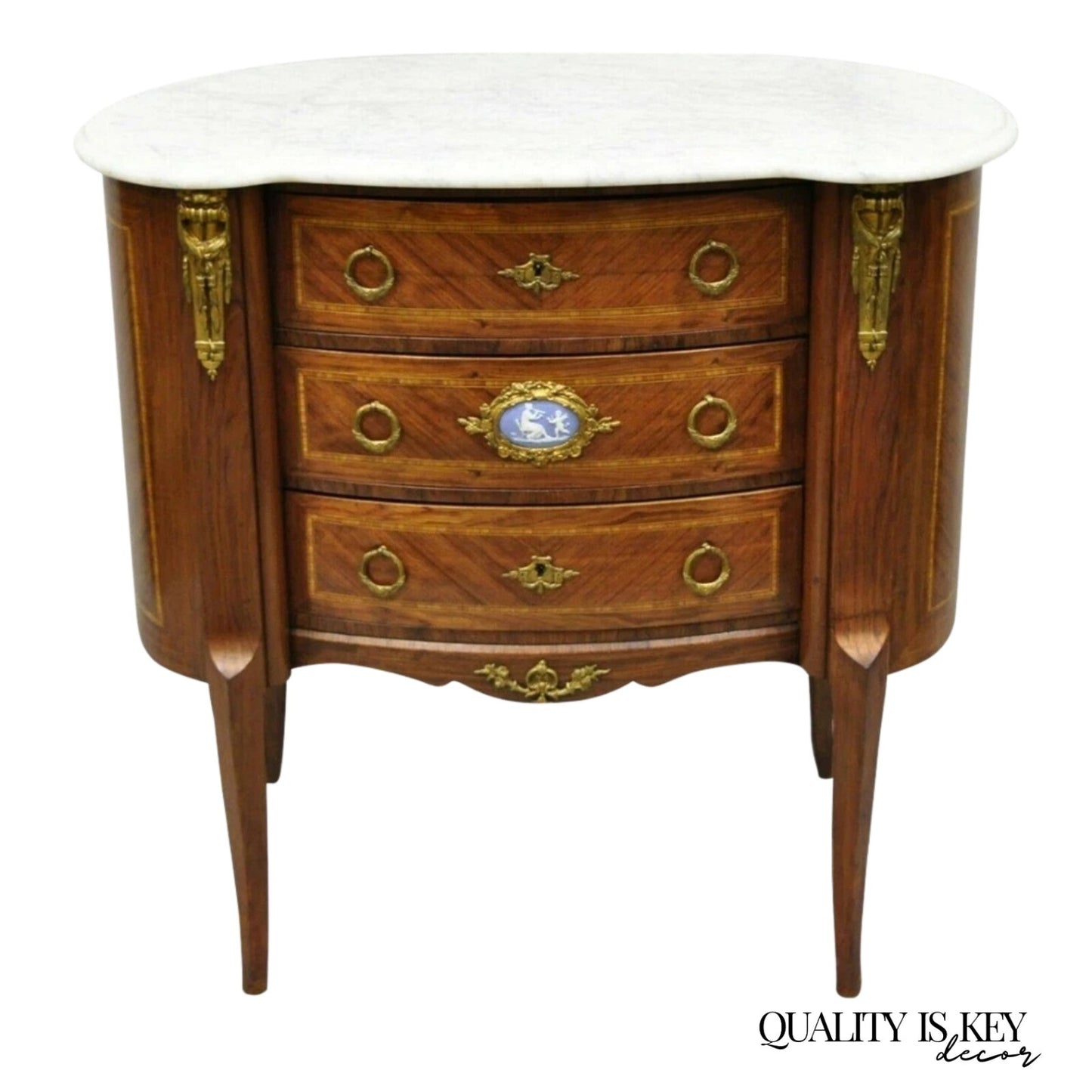 Antique French Louis XV Style Marble Top Bronze Ormolu Bombe Commode Nightstand