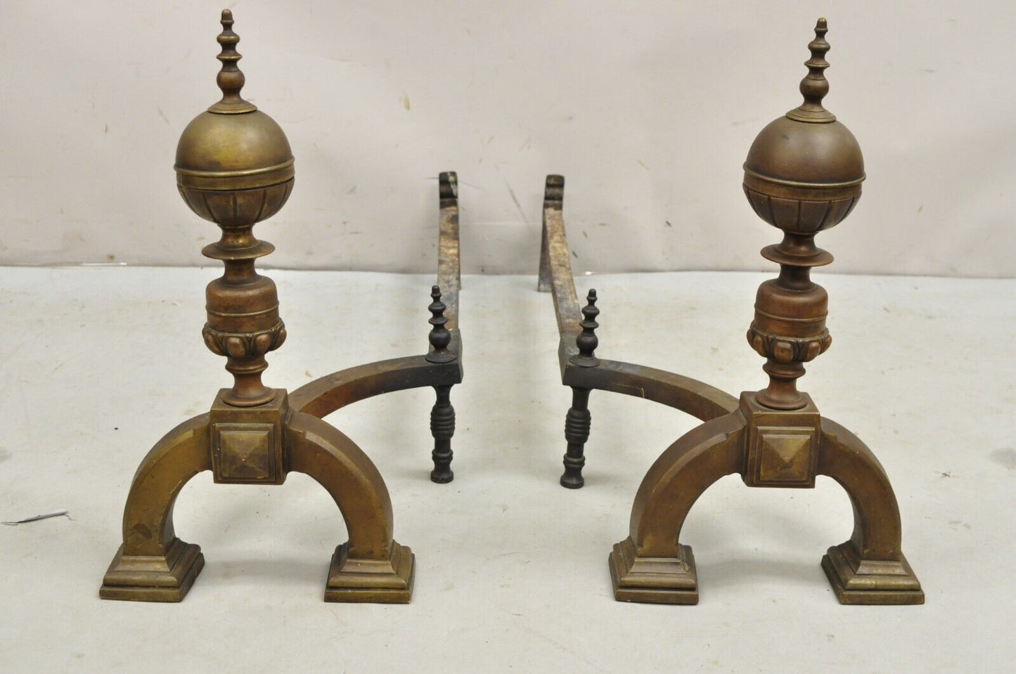 Antique English Federal Brass Cannonball Fireplace Andirons With Patina - Pair