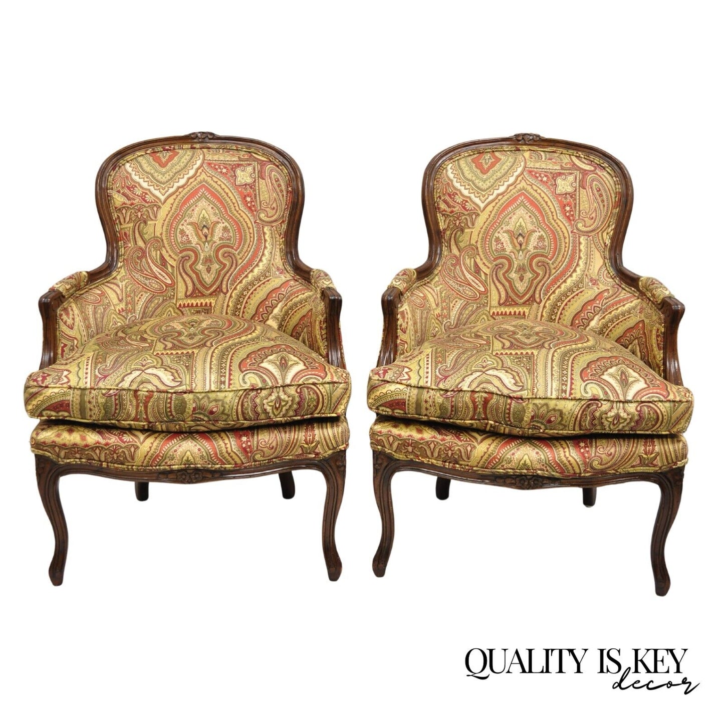 Vintage French Country Carved Walnut Burgundy Bergere Lounge Arm Chairs -a Pair