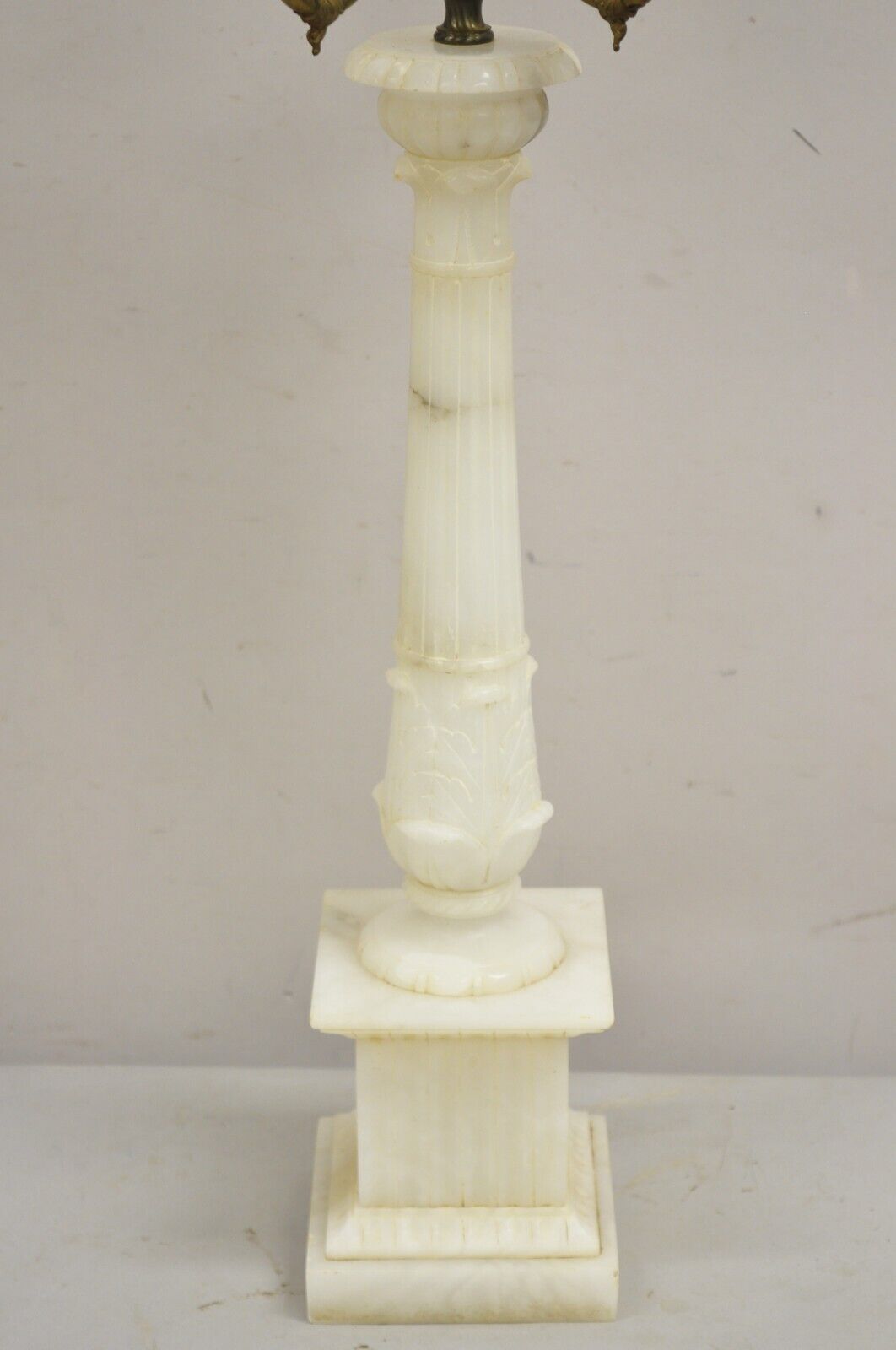 Antique French Empire Style White Carved Alabaster Column Candelabra Table Lamp