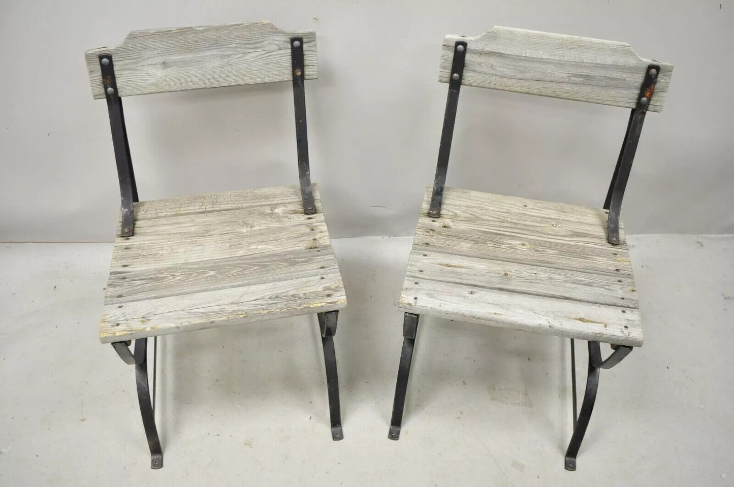 Antique French Industrial Wrought Iron Wooden Slat Seat Side Chairs - a Pair