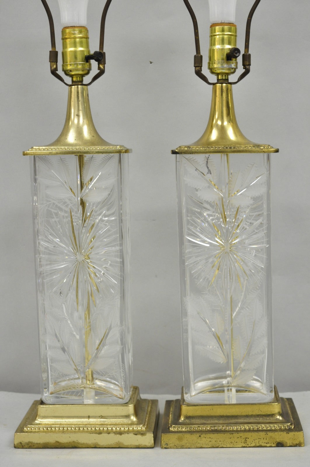 Vintage Dresden Victorian Cut Crystal Glass Flower Brass Table Lamps - a Pair