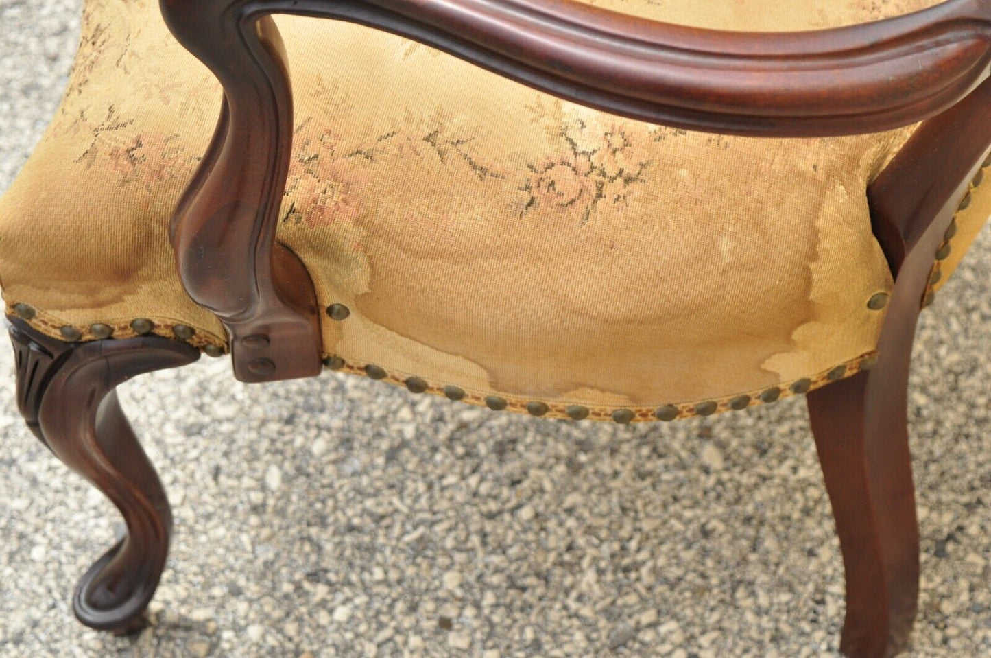 Vintage French Victorian Style Carved Mahogany Frame Lounge Arm Chair