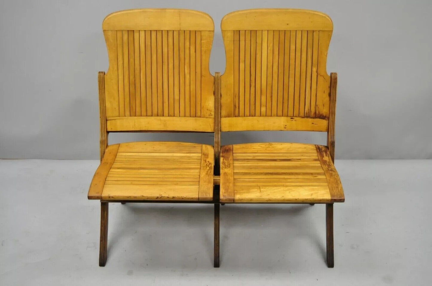 Antique Vintage Wood Slat Double Folding Theater Seat School Chair Old Bench