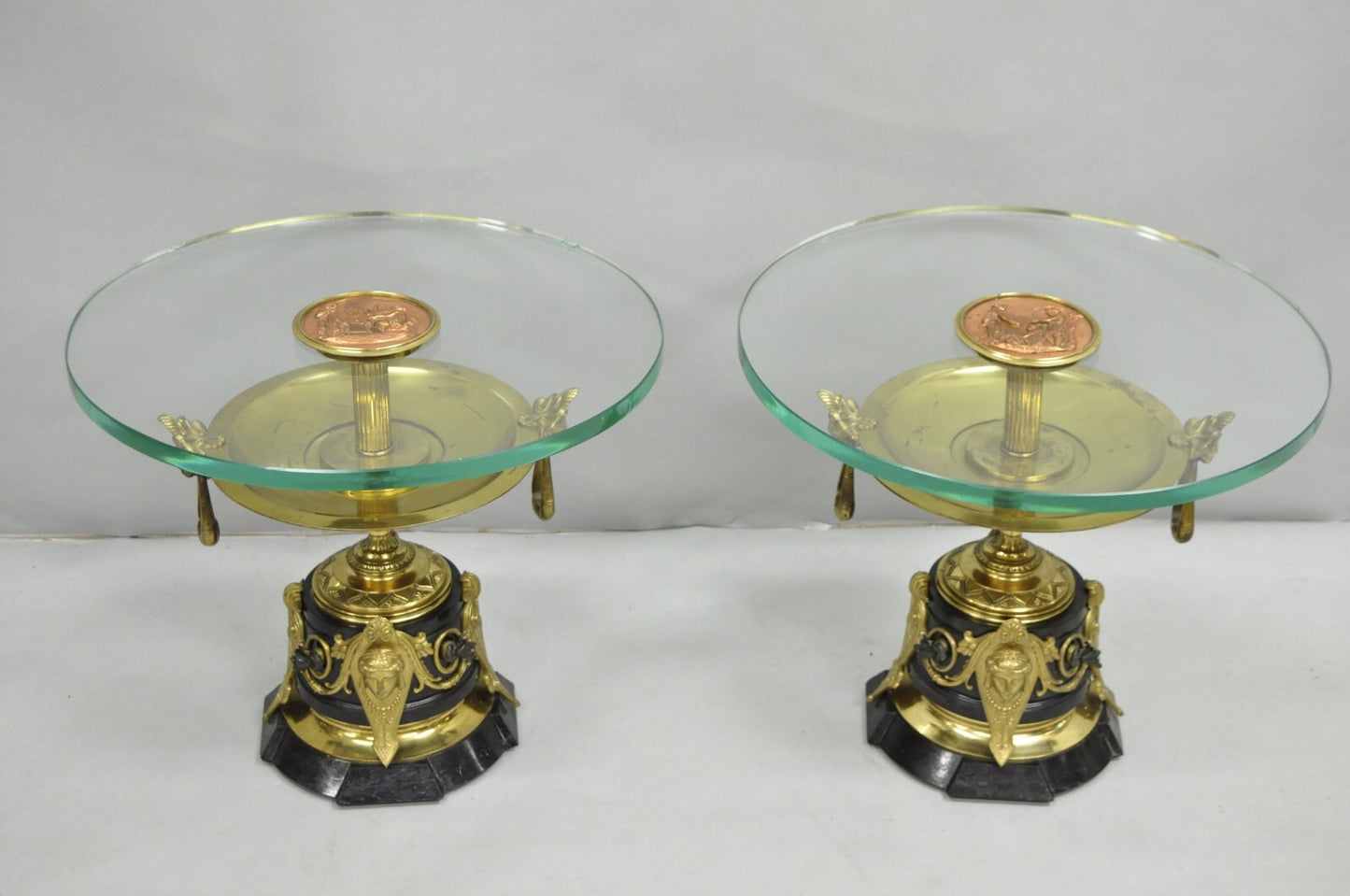 French Empire Figural Bronze and Marble Round Glass Tazza Low Side Tables - Pair