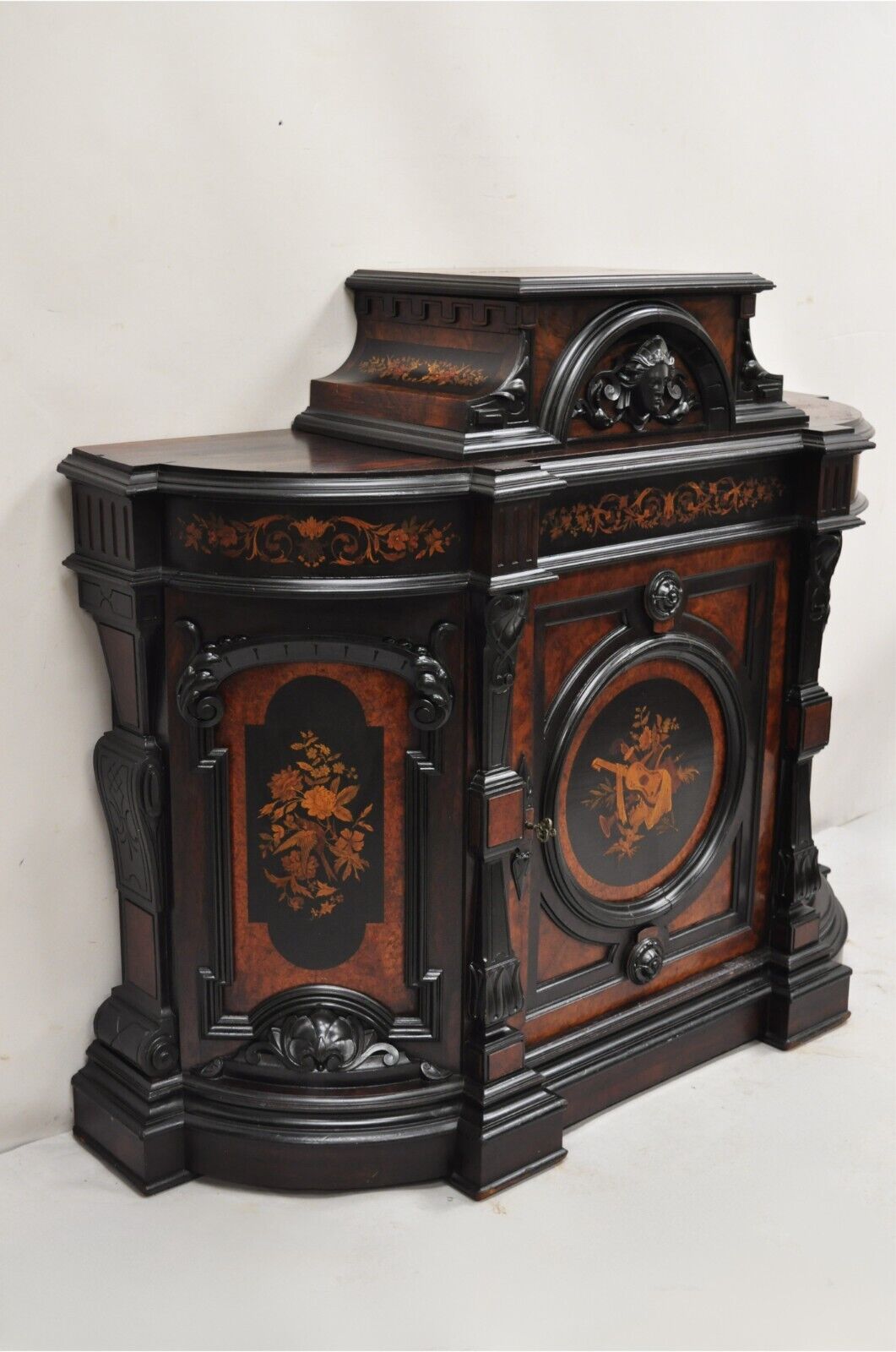 Victorian Ebonized Rosewood Figural Carved Parlor Cabinet attr. Pottier & Stymus