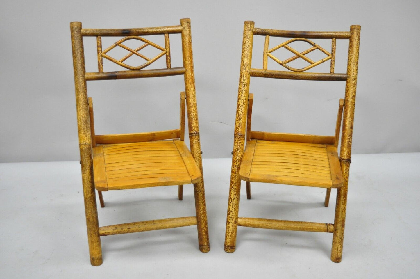 Vintage Hollywood Regency Tiki Children's Bamboo Folding Side Chairs - Set of 6