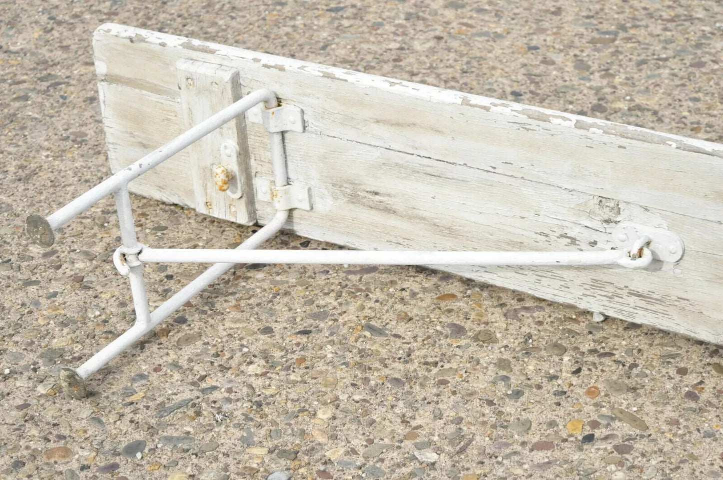 Antique French Industrial 94" Long White Distress Paint Wrought Iron Wood Bench