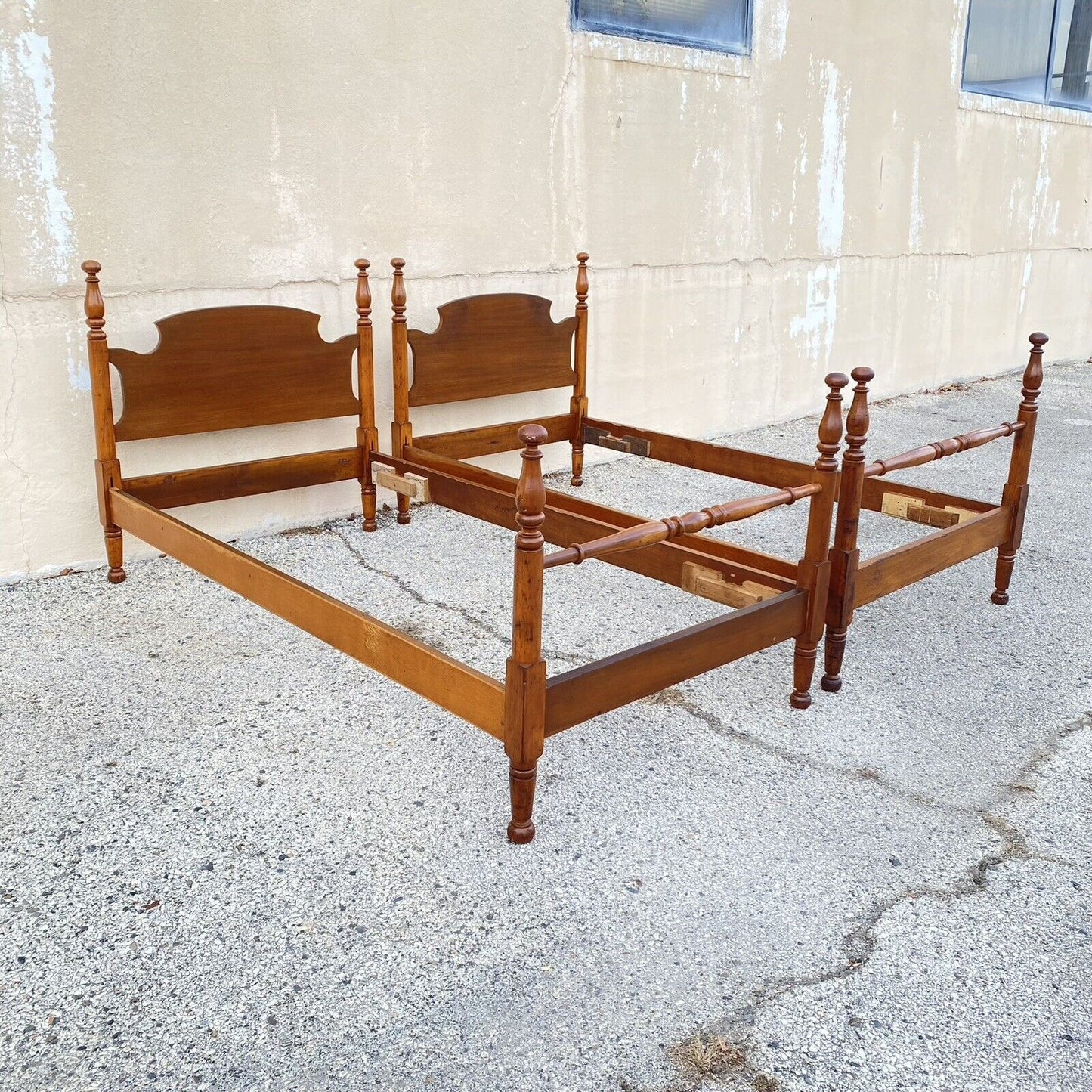 Vintage Colonial Style Cherry Wood Cannonball Single Twin Bed Frames - a Pair
