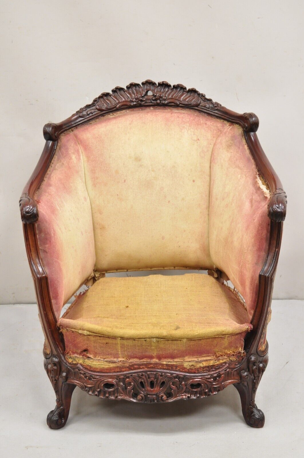 Antique French Art Nouveau Carved Mahogany Bergere Club Lounge Arm Chair