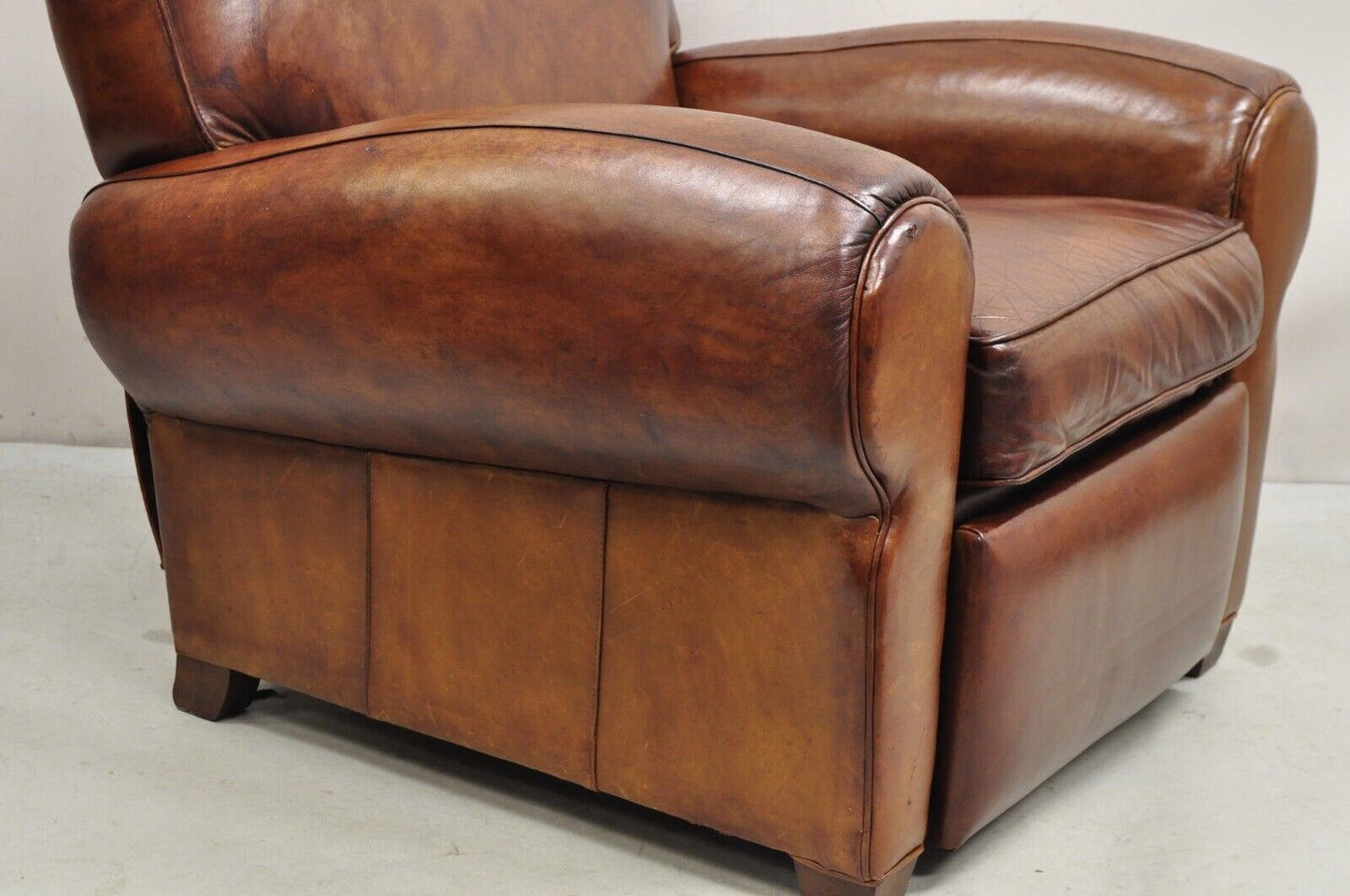 Pottery Barn Manhattan Brown Leather Recliner Art Deco Club Chairs - a Pair