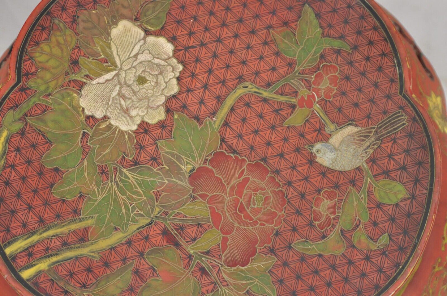 Vintage Chinoiserie Red Lacquer Chinese Drum Stool w Hand Painted Bird & Flowers