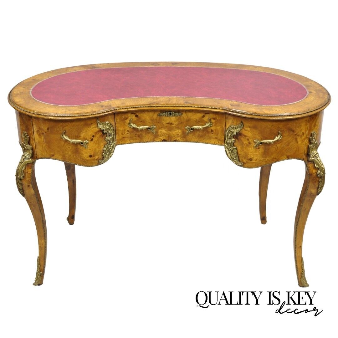 French Louis XV Style Kidney Shaped Leather Top Bronze Mounted 3 Drawer Desk
