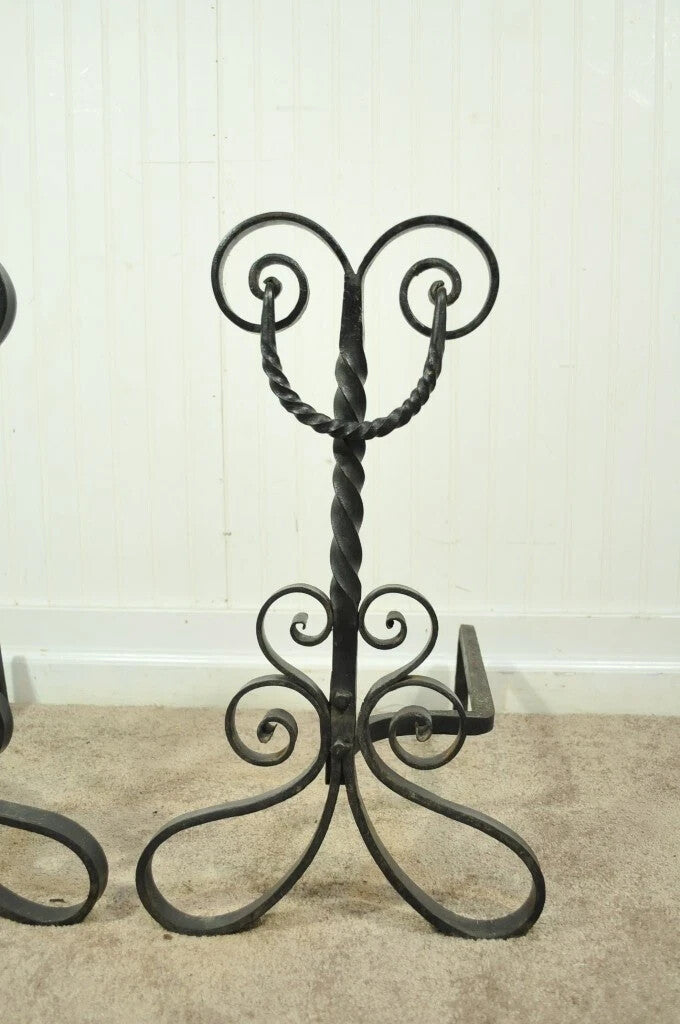 Antique Arts & Crafts Art Nouveau Black Wrought Iron Scrolling Andirons - a Pair